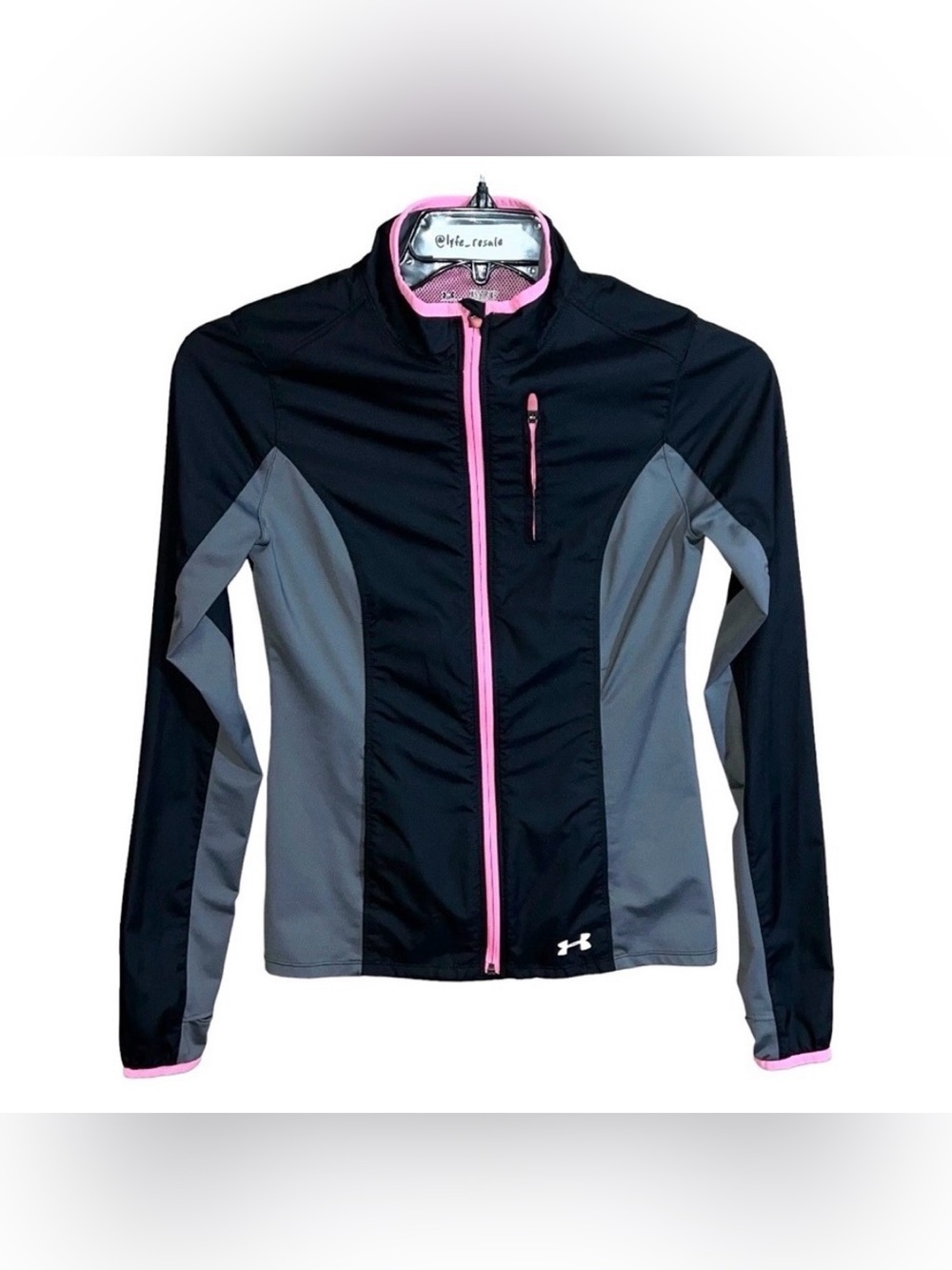 Under Armour Track Jacket Women’s Size XS Black Gray Pink Semi-Fitted Cold Gear